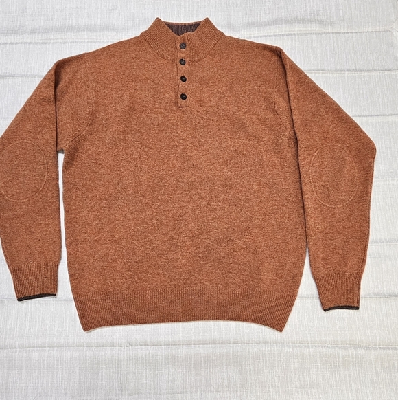 Peter Millar 100% Merino Wool Sweater Size Large Buttoned Mock Neck Burnt Orange
